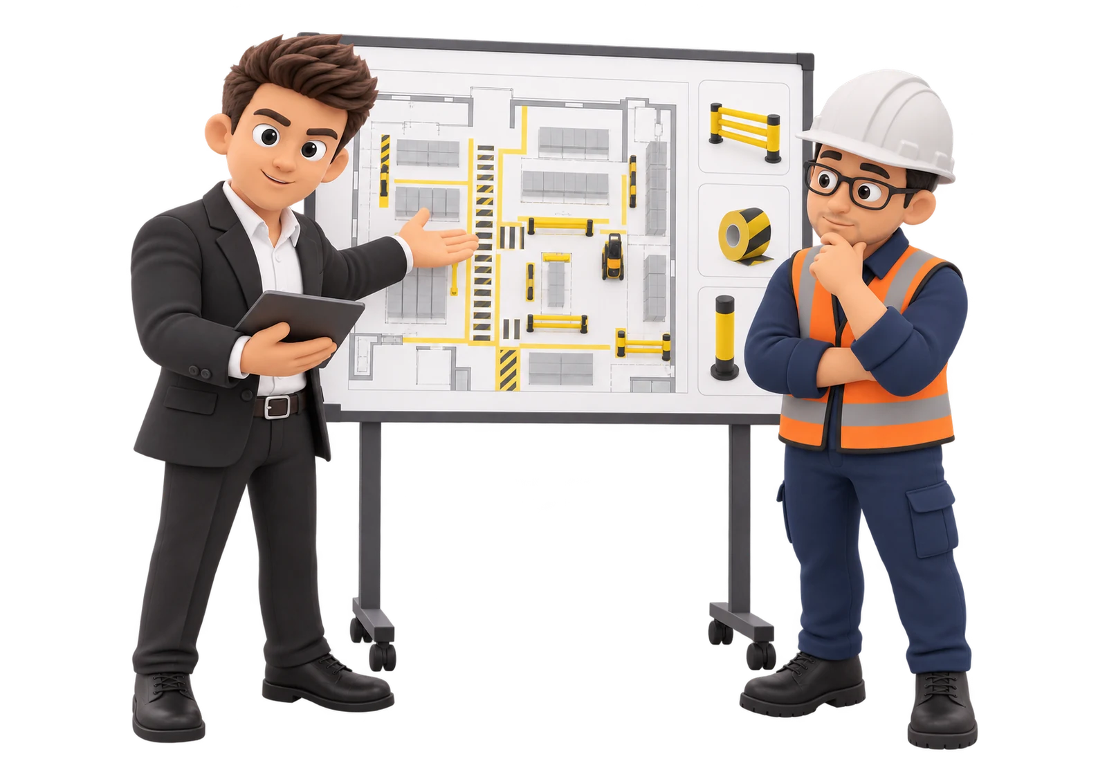 Consultor y trabajador analizando un plano industrial en un tablero.