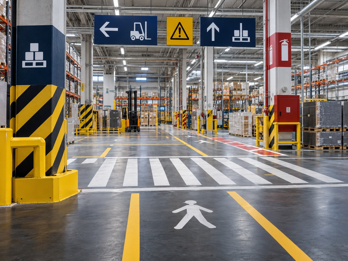 Señalización industrial, identificación de áreas y cruce peatonal dentro de una bodega