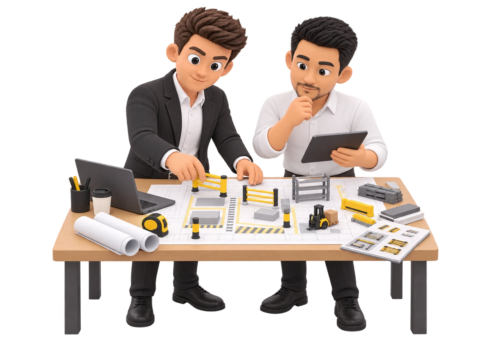 Equipo diseñando una solución industrial sobre un plano.