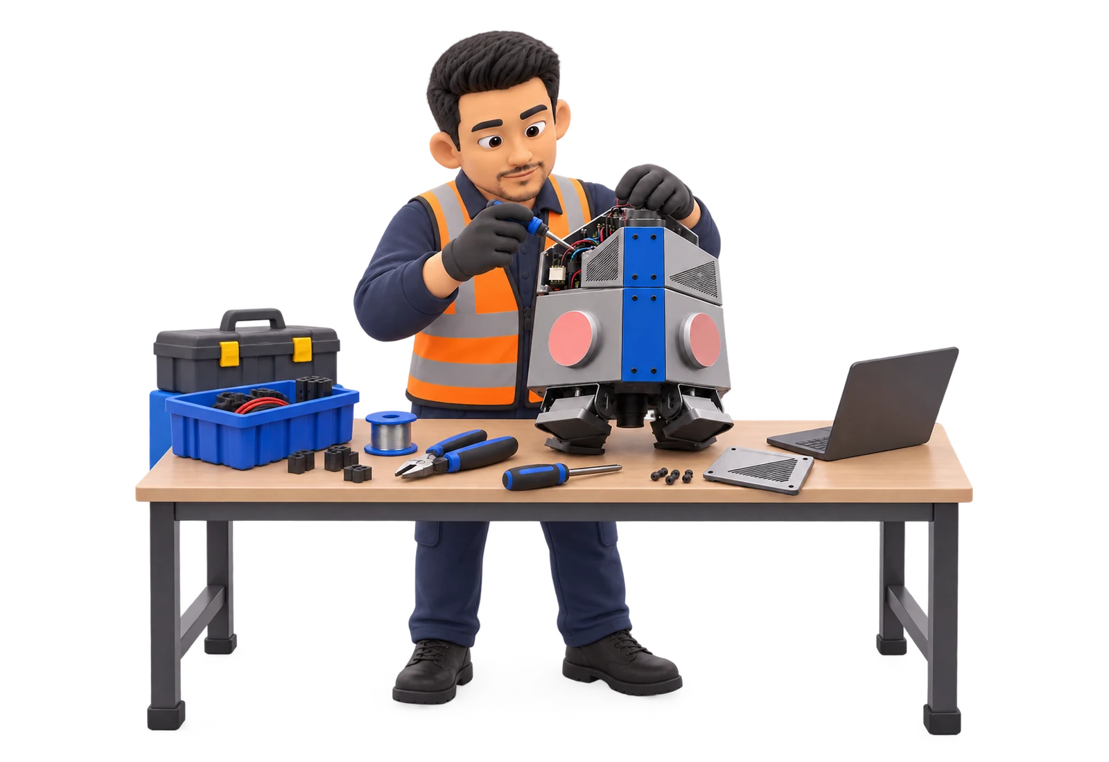 Técnico ensamblando un equipo industrial en una mesa de trabajo.