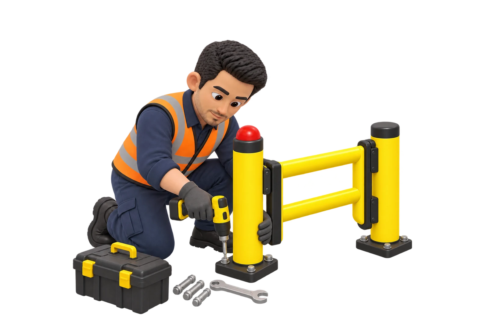 Técnico instalando una barrera de seguridad en terreno.